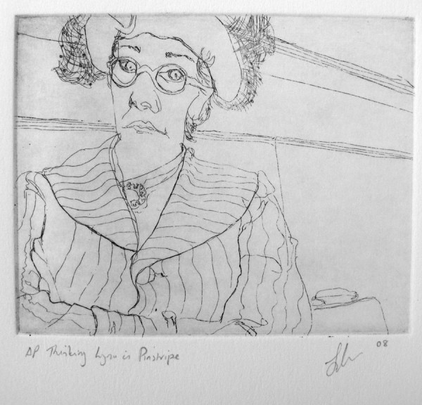 Thinking Lyno in pinstripe. Plate size 5in x 4in. Etching. Edition of 5 AU$175 (unframed) AU$300 (framed).