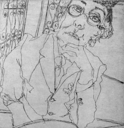 Lyno thinking at Cavallero. Plate size 5in x 5in. Etching. Edition of 5. AU$195 (unframed) AU$320 (framed).