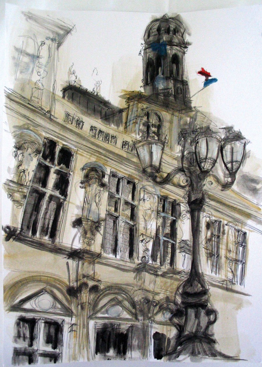 Hotel de Ville. Pen, ink, drawing on paper. SOLD