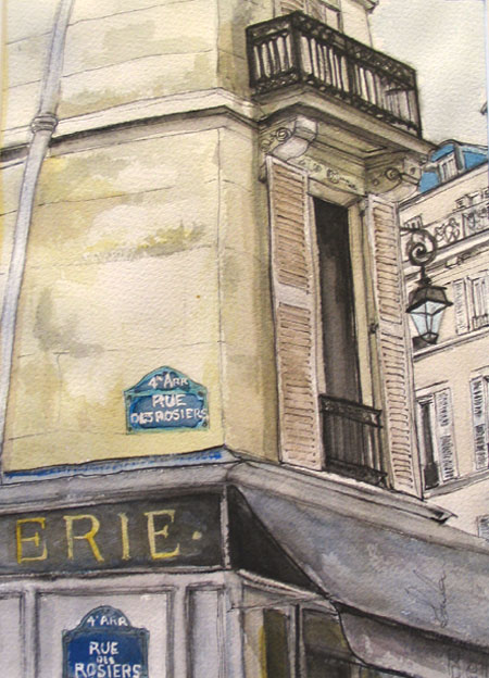 Rue Des Rosiers 3, Marais Paris. Fluid acrylic on paper. SOLD