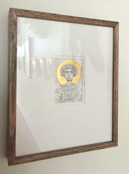 Soula-Mantalvanos-St-George-etching-with-gold-leaf-framed