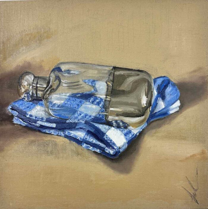 Soula Mantalvanos Gentlemen's Flask & Towel 2021 oil on linen panel 30 x 30cm $1200 uf