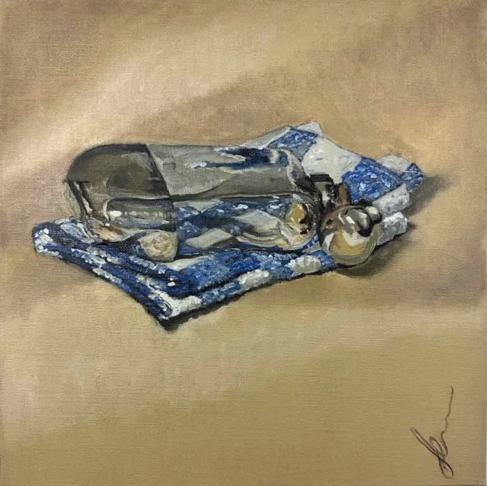Soula Mantalvanos Gentlemen's Flask & Towel 2014 oil on linen panel 30 x 30cm $1200 uf