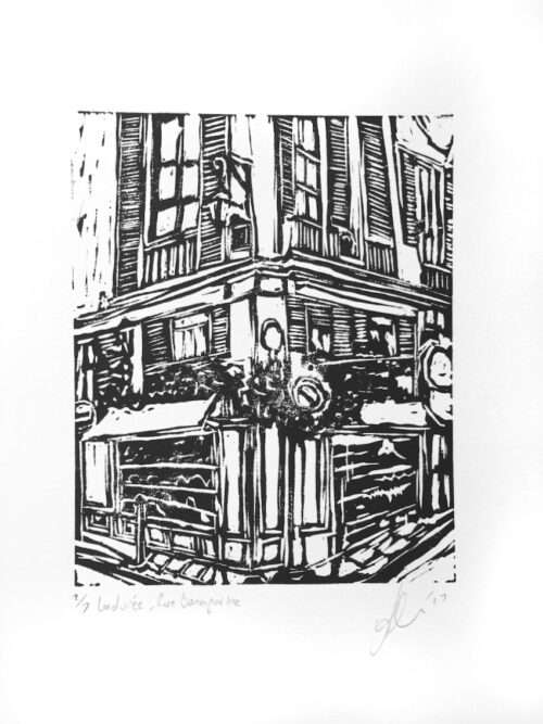 Soula Mantalvanos Ladurée, Rue Bonaparte Edition of 7 Print size: 14.5 x 10.5cm Linocut