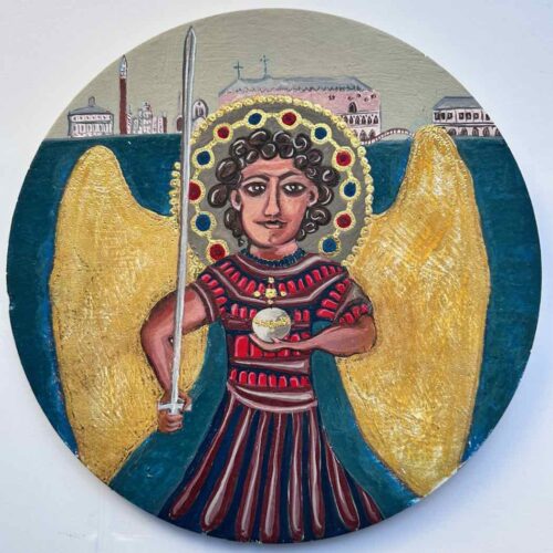 Soula Mantalvanos Saint Michael (homage to the front cover enamel work of the Gospels of Saint Michael (Treasury of St. Mark’s Basilica, Venice, Italy), egg tempera and 23kt gold leaf on plaster panel 26cm D