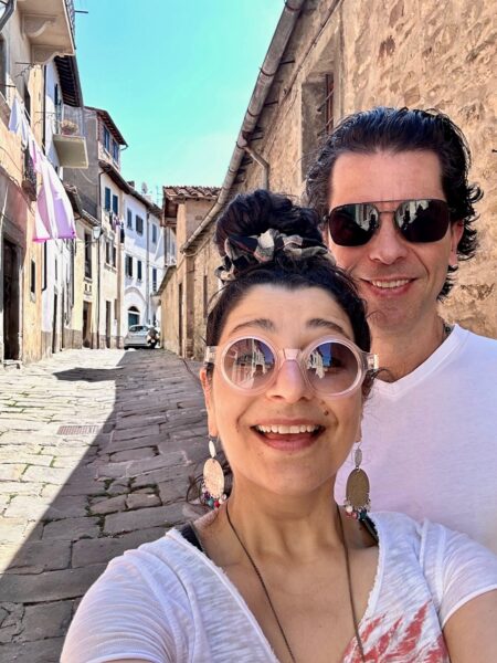 Soula and Theo in a Cortona street