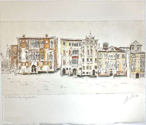 Soula Mantalvanos Canal View from Vaporetto No 2 unique state etching handcoloured 14.5 x 29cm $640 unframed