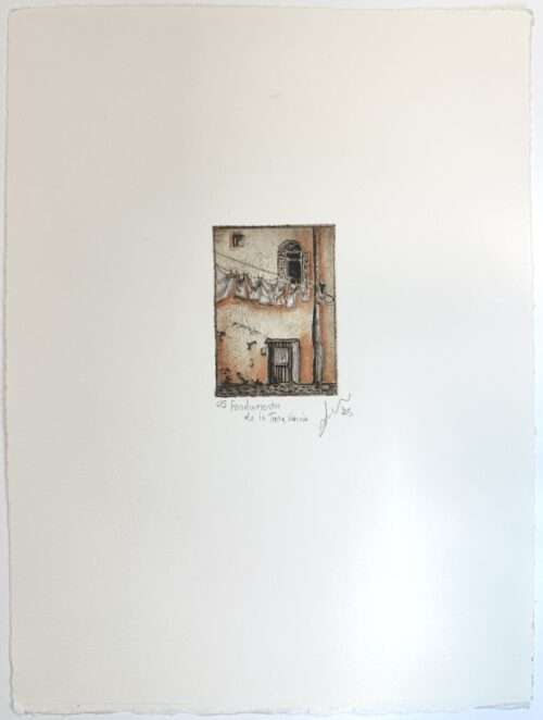 Soula Mantalvanos Fondamenta de la Tana, Venice unique state etching handcoloured 5 x 7cm $290