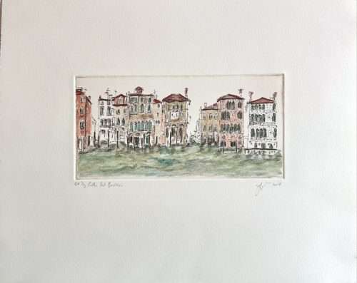 Soula Mantalvanos Calle Del Bastion 2018 (handcoloured etching) 9.7 x 19.5cm